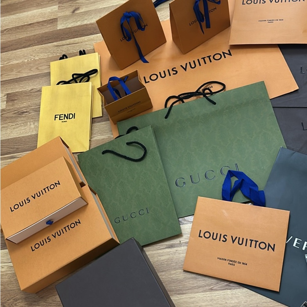 Louis Vuitton and Gucci Shopping Bags in Orange and Green